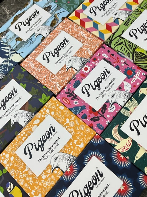 Colourful Pigeon Posted designs, laid out
