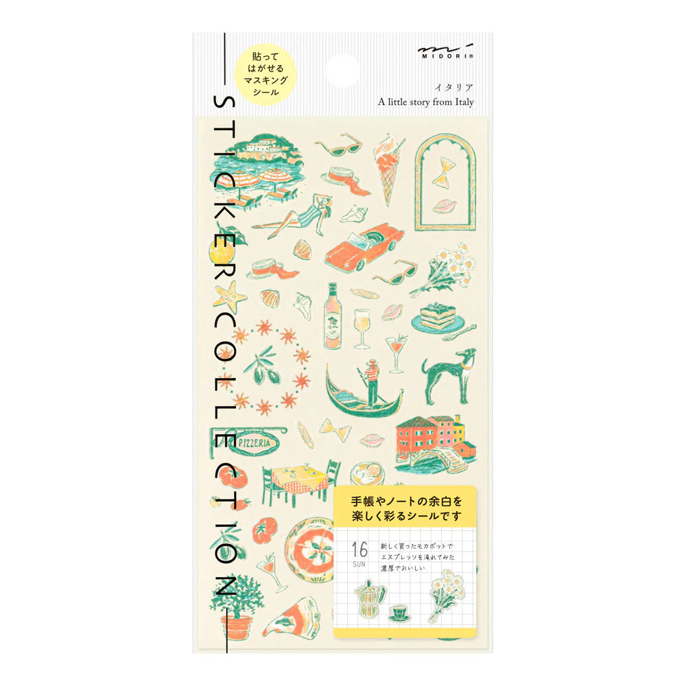 Packaging of a sticker collection with Italian-themed illustrations on a white background