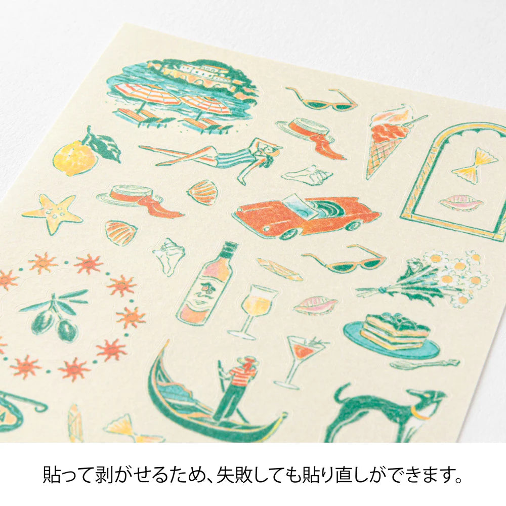 Sheet of decorative stickers with Italian summer-themed illustrations on a beige background.