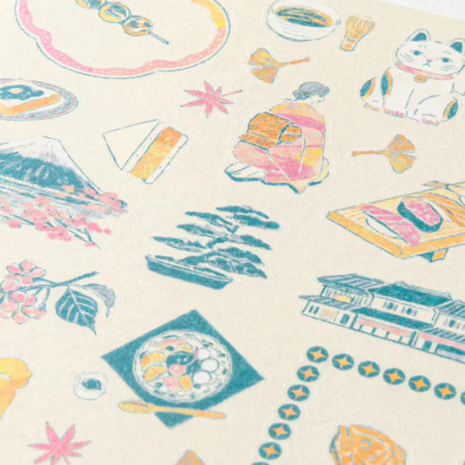 Illustrated stickers with various designs on a beige background