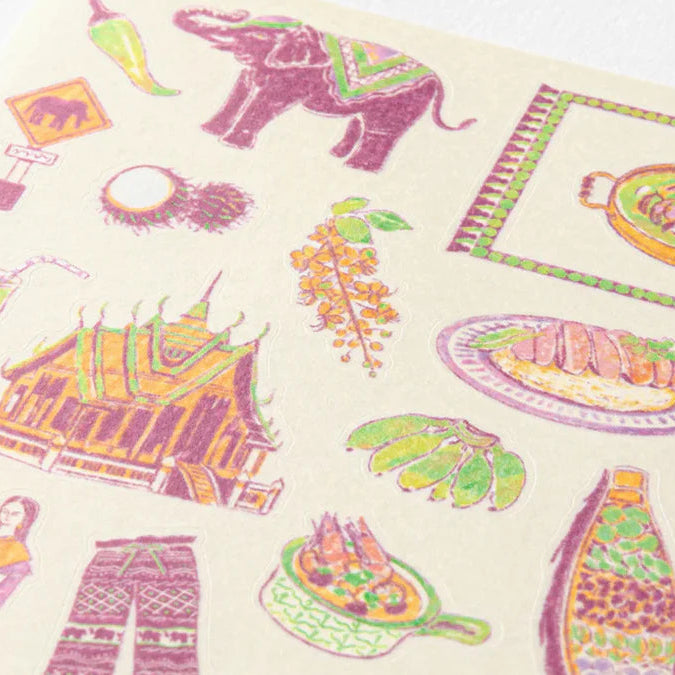 Colorful pattern of various Thai objects on a beige background