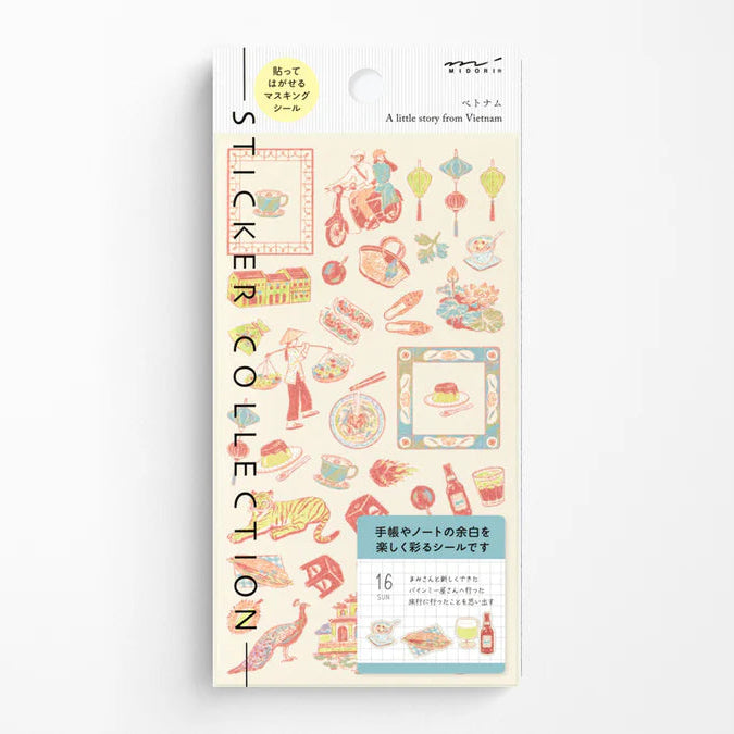 Sticker collection packaging with illustrations of Vietnamese motifs on a white background